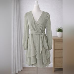 Elegant Sage Green Polka Dot Wrap Dress - Romantic Tiered